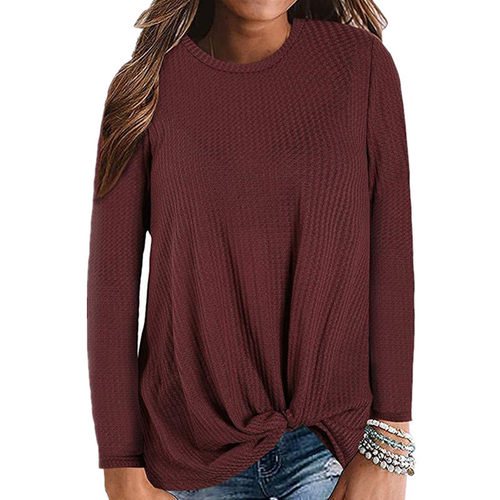 Women's Long Sleeve T Shirt Knot Hem Casual Crew Neck
