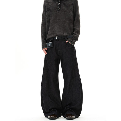 Jeans men loose straight leg curved knife pants牛仔裤男宽松