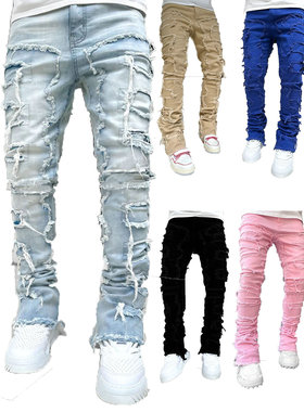 Men straight leg fringed patchwork jeans男直筒流苏贴布牛仔裤