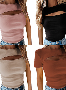 Women's sexy hollow short sleeved T-shirt女性感上衣镂空短袖