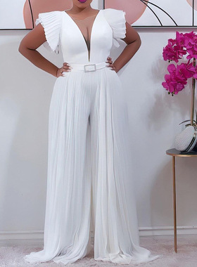 Summer Deep Collar Mesh Splicing Waist Wide Leg jumpsuit