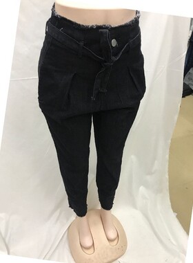 Women drawstring elastic waistband ripped denim pants牛仔裤