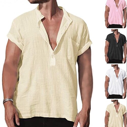 Men linen short sleeved shirt男夏季亚麻宽松立领口袋短袖衬衫