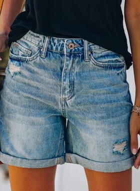 shorts denim women for pants leg straight ripped hem rolled