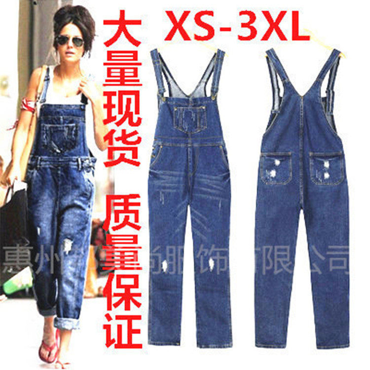 Women's oversized ripped denim overalls女大码破洞牛仔背带裤