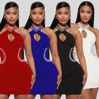 Women tight fitting rhinestone hanging neck dress挂脖连衣裙