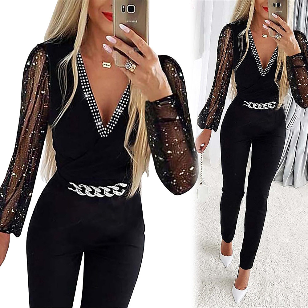 Women V-neck long sleeved high waisted professional jumpsuit