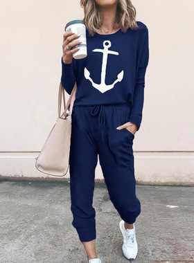 Women's Loose Anchor Print Long Sleeve Casual Set女休闲套装