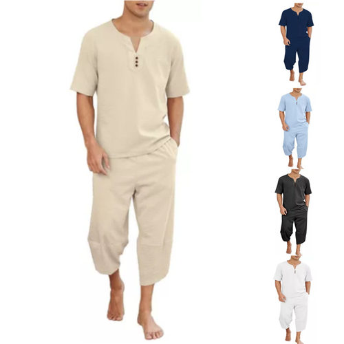 Men short sleeved top+cropped pants set男短袖上衣+七分裤套装