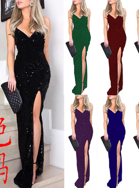 Women's sequined V-neck suspender dress, sexy evening gown