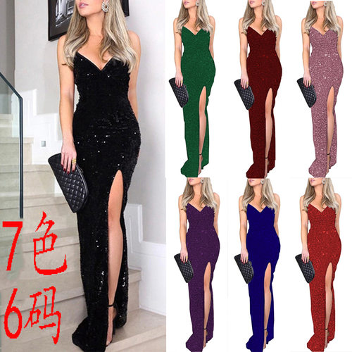 Women's sequined V-neck suspender dress, sexy evening gown