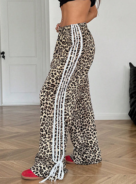 Women's retro leopard print casual striped patchwork pants女
