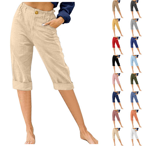 Women's cotton and linen mid waist cropped pants女棉麻七分裤