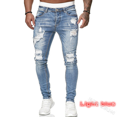 Men stretch slim fit ripped jeans男牛仔裤弹力修身破洞小脚裤