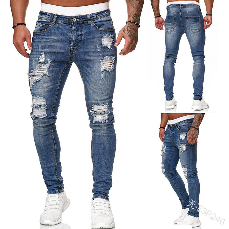 Men's ripped elastic tight jeans男牛仔裤破洞弹力长裤时尚紧身