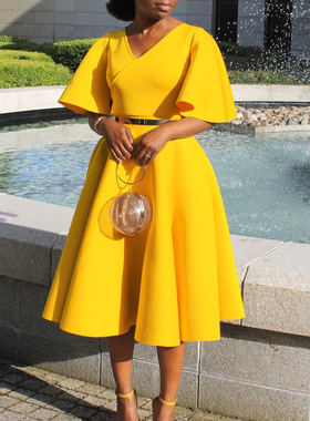 dinner party dresses women ladies skirt喇叭袖V领大裙摆礼服裙