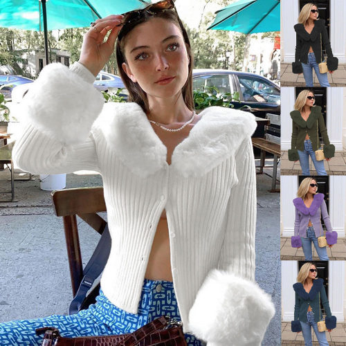Women's long sleeved sexy plush collar knitted top女针织上衣