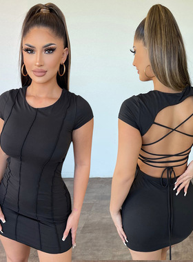 Women sexy tight fitting backless hollow short sleeved dress