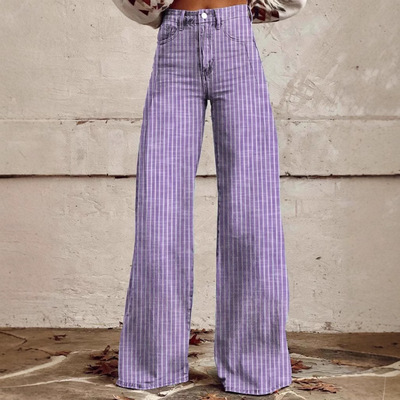 Striped wide leg straight leg slightly flared women's jeans