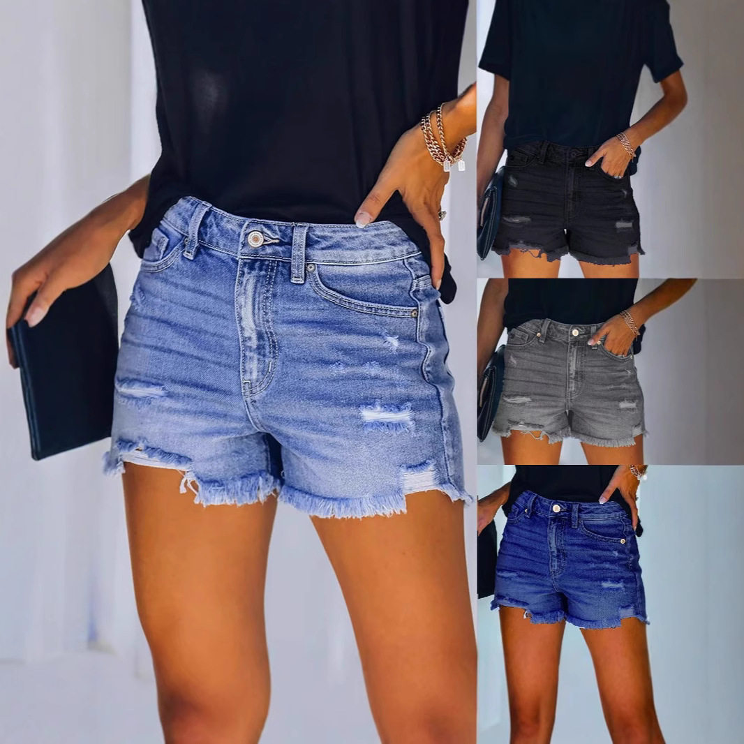 Women's denim shorts, short jeans, high waisted elastic hole图片