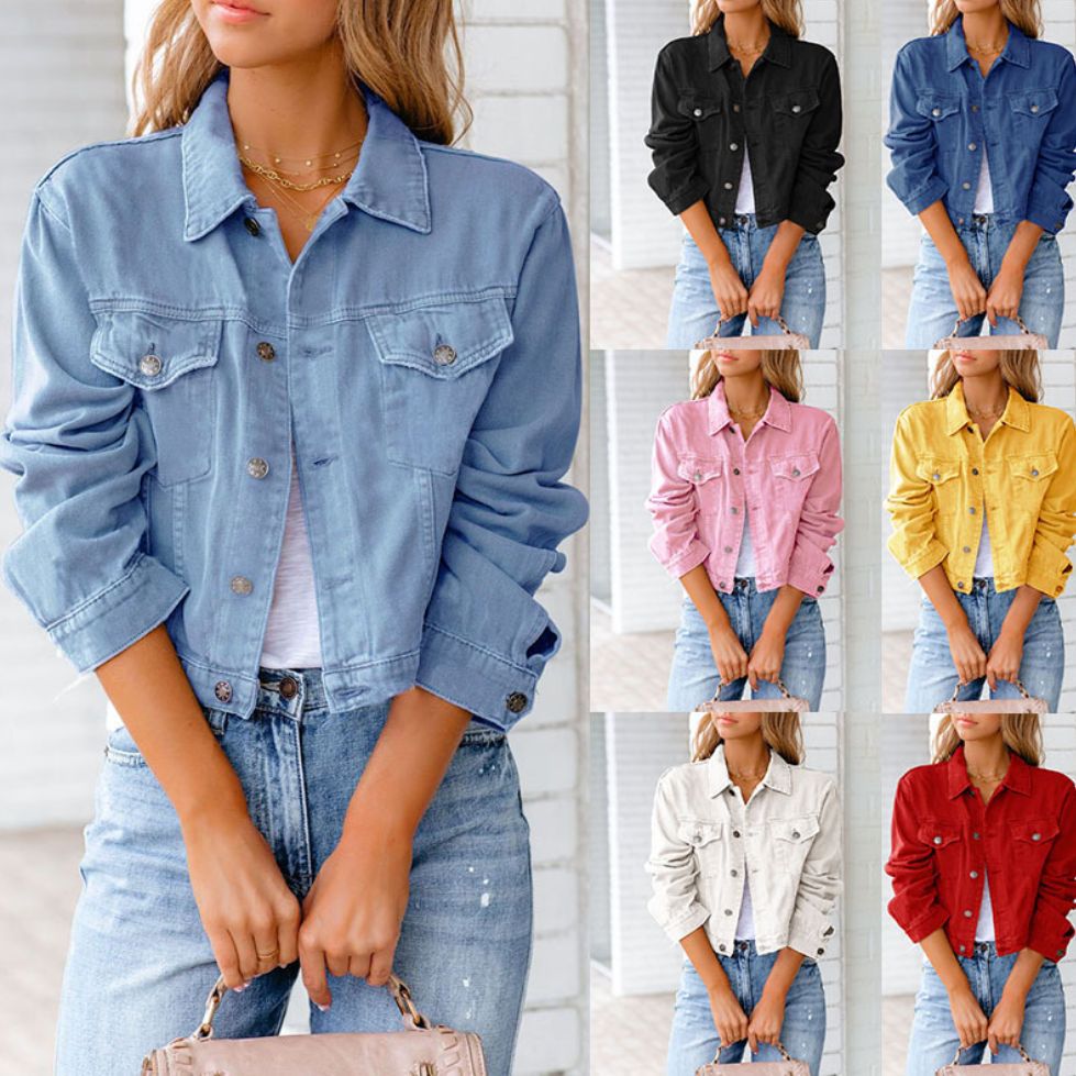 Women's denim jacket女装亚马逊春新款牛仔外套女夹克长袖上衣