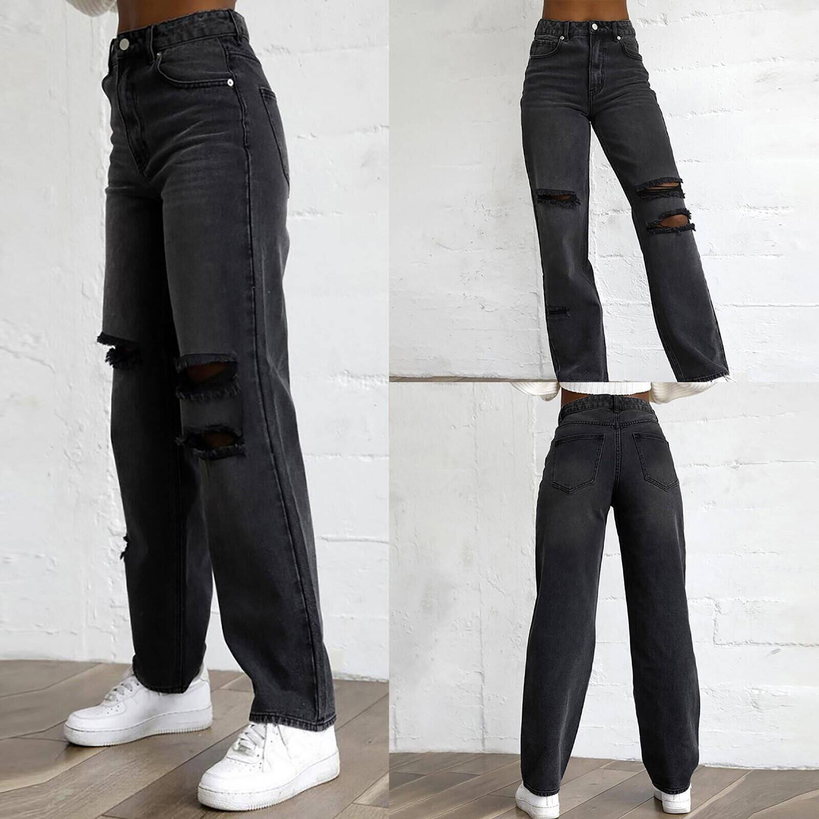Broken hole slim fit women denim pants破洞修身纯色牛仔长裤女