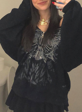 Women printed hoodie with black hooded zipper jacket连帽外套