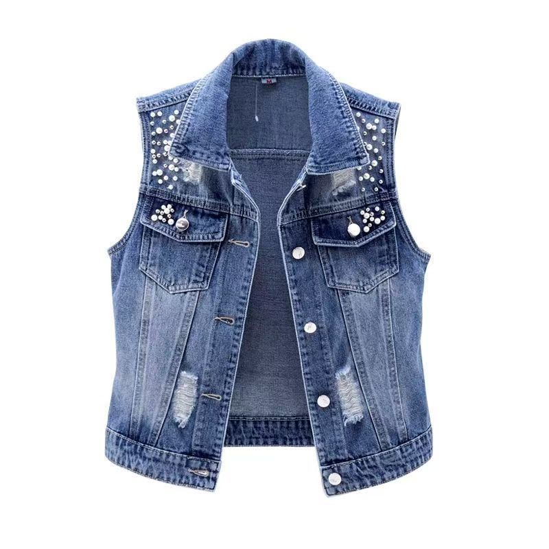 Women's denim vest牛仔马甲女水洗破洞钉珠无袖夹克百搭修身上衣