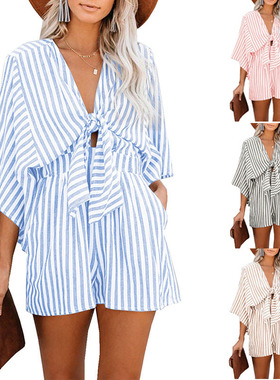 Women's flared sleeve striped jumpsuit条纹连体裤女深v喇叭袖