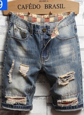 Men's ripped jeans denim shorts破洞牛仔裤男五分中裤牛仔短裤