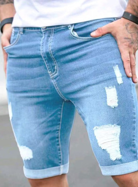 Men's ripped denim shorts蓝色破洞牛仔短裤牛仔裤男夏牛仔裤