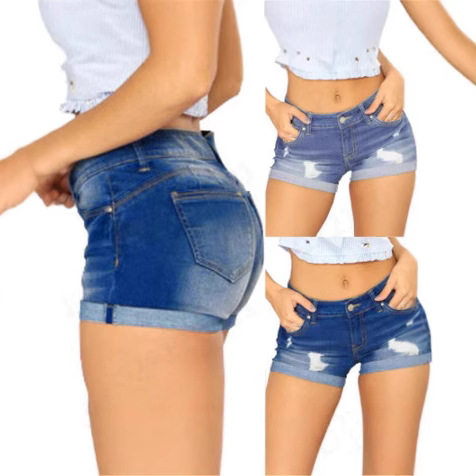 Women's denim shorts with holes女式牛仔短裤翻边热裤潮