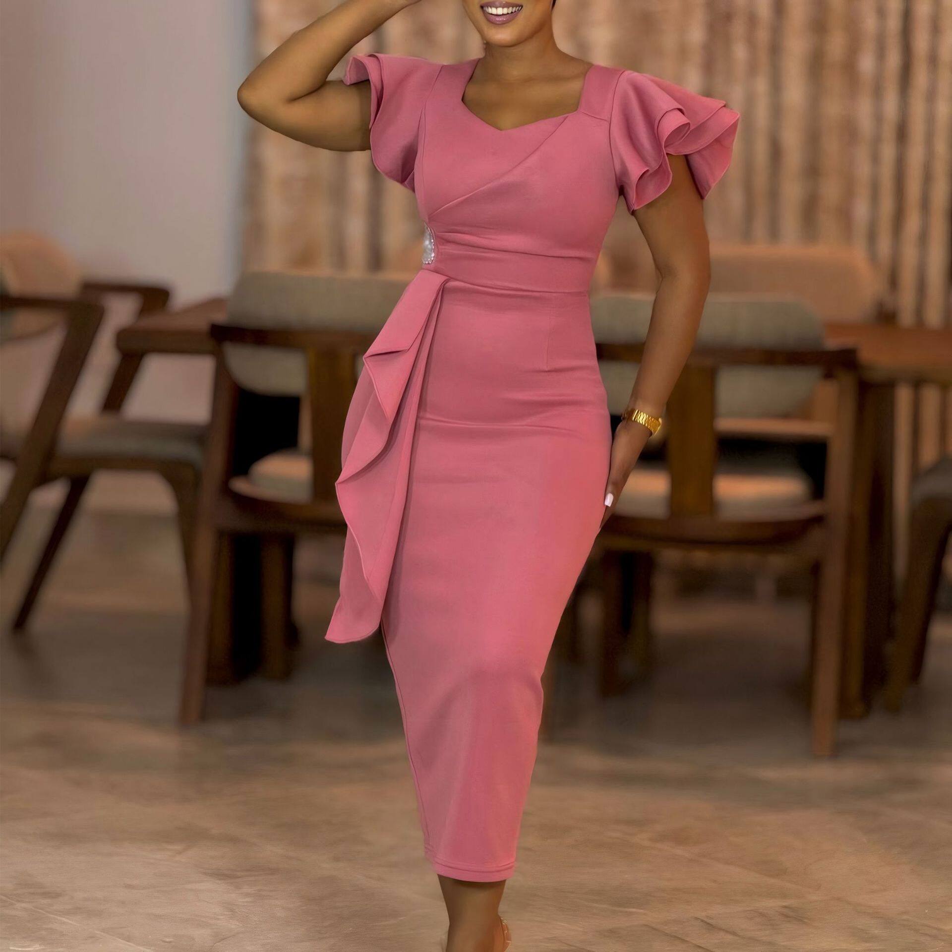 African women skirts collar split ruffle edge ladies dresses
