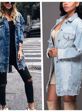 Women's plus size medium to long denim trench coat jacket