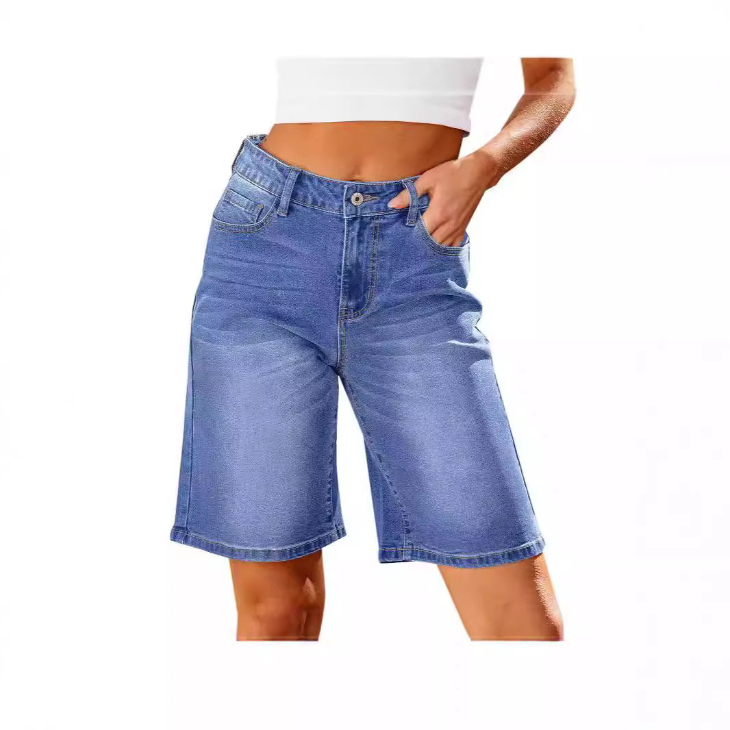 Fashionable slim fit women's mid length jeans修身牛仔中裤女