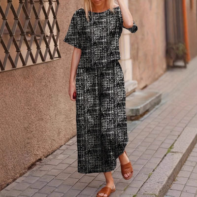 Women loose short sleeved+wide leg pants set女短袖+长裤套装