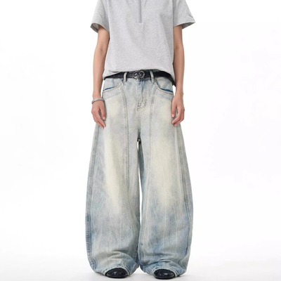 Men retro washed curved knife wide leg jeans男弯刀阔腿牛仔裤