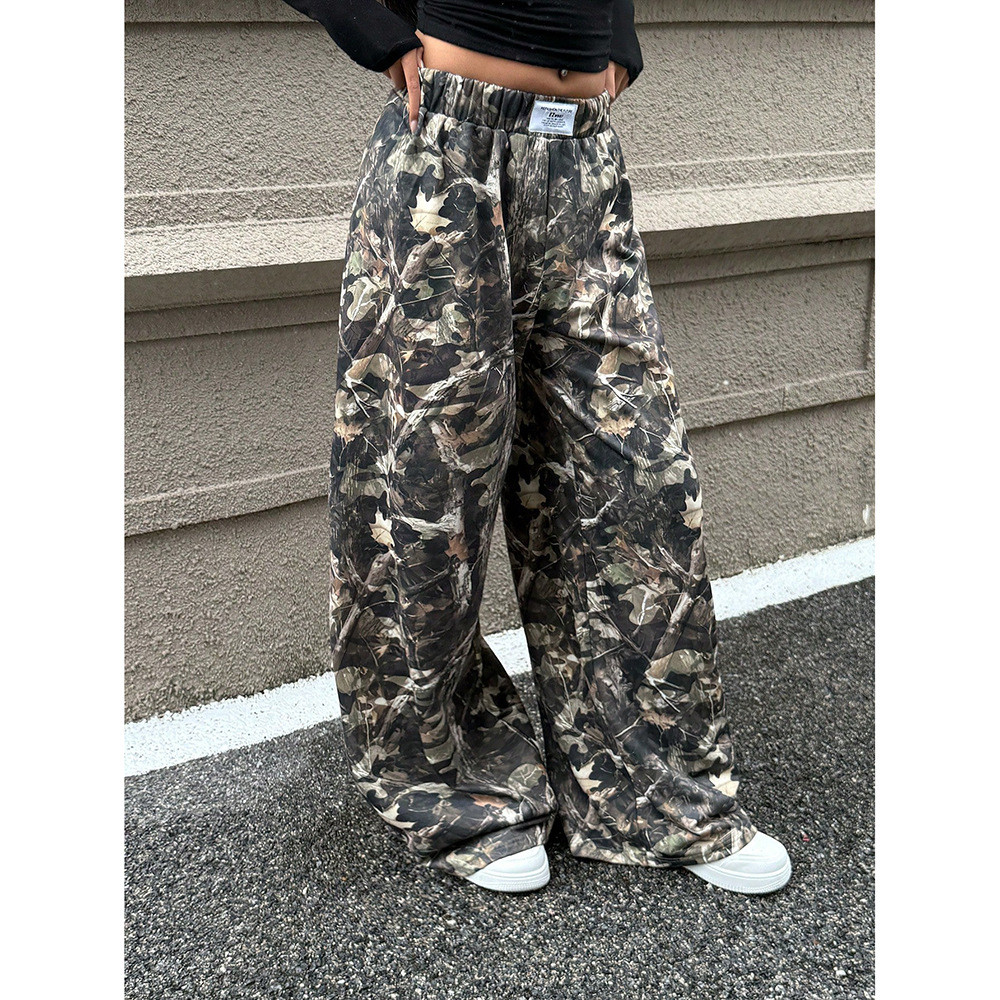 Women tree branch pattern casual wide leg pants女树枝纹长裤