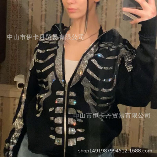 Hot drill hooded cardigan loose coat烫钻连帽开衫宽松卫衣外套