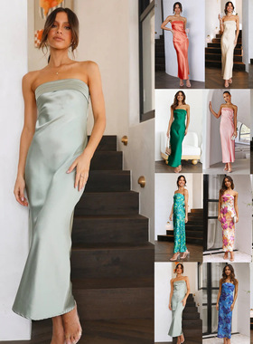 Hollow out backless strapless women's long dress抹胸连衣裙长