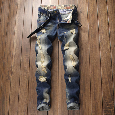 Men distressed retro nostalgic beggar jeans破洞牛仔裤男复古