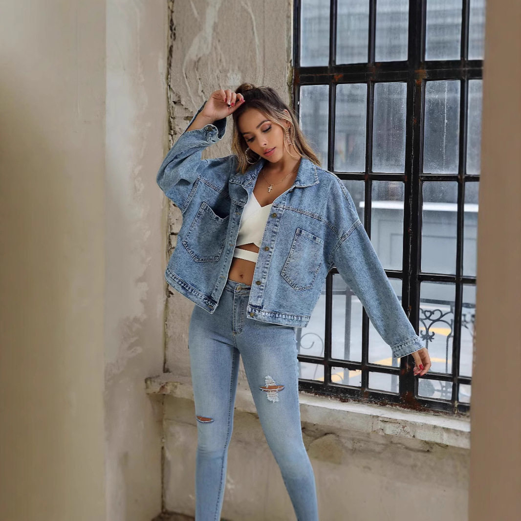 Women's loose denim jacket女宽松大口袋牛仔外套女长袖夹克上衣