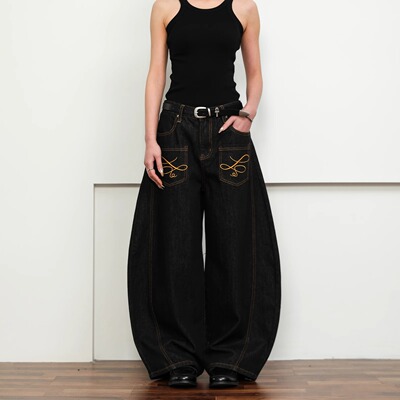 Couple pocket curved knife casual wide leg lazy long pants