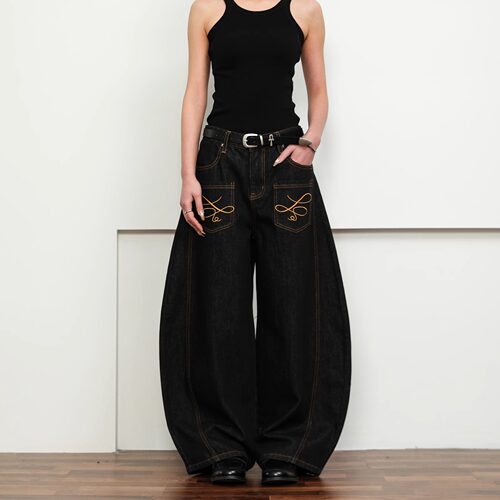Couple pocket curved knife casual wide leg lazy long pants