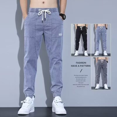 Jeans men's loose fleece workwear Haren pants牛仔裤男松紧腰