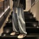 waist washed Water jeans elastic leg men阔腿牛仔裤 wide for