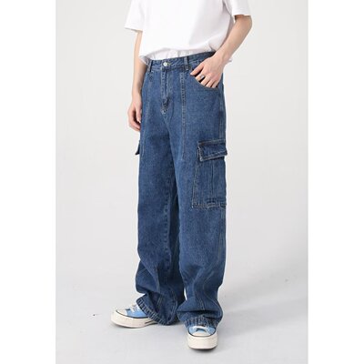 Multi pocket jeans men's workwear wide leg pants工装牛仔裤男