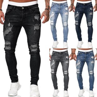 Men's ripped tight jeans男牛仔裤破洞牛仔长裤时尚紧身小脚裤