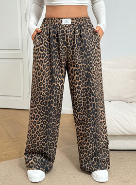 Women leopard print casual loose elastic waist pants女豹纹裤