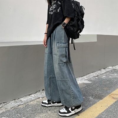 Male/female hip-hop loose wide leg lantern workwear jeans